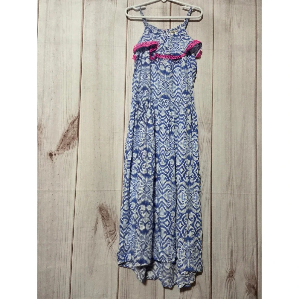 OshKosh B'gosh Girls Blue Ikat High-Low Maxi Dress Pink Trim Size 8‎ Summer